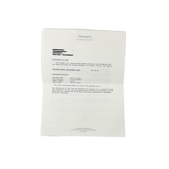 Pre-Owned Tiffany & Co. Tiffany Solitaire Engagement Ring in  Platinum H VS2 1.02 CTW - 546x546 Image #6