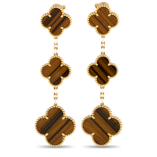 Pre-Owned Van Cleef Arpels Alhambra 18K Yellow Gold Tigers Eye Dangle  Earrings VC05 060624