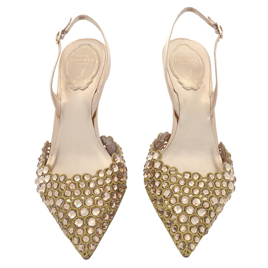 Rene Caovilla Ladies Vega Crystal Gold Slingback Pumps