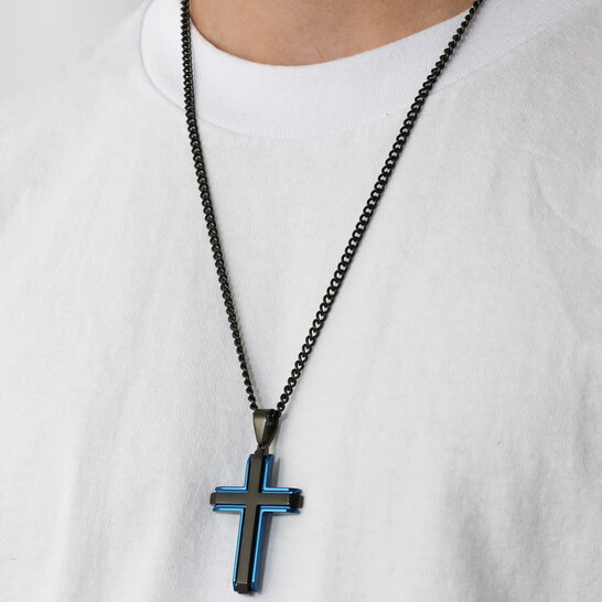 Robert Alton Stainless Steel Black and Blue Men's Cross Necklace