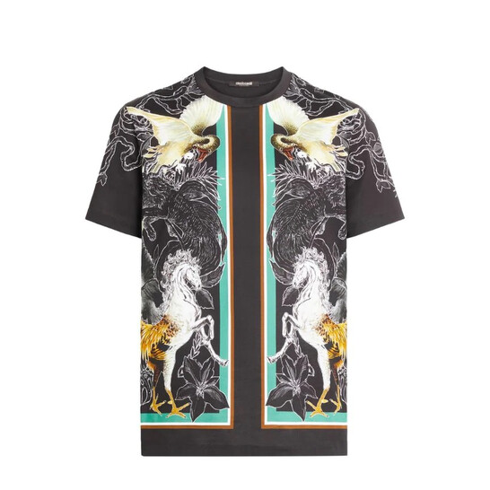 Roberto Cavalli Men's Black Hybrid Animals Printed Cotton T