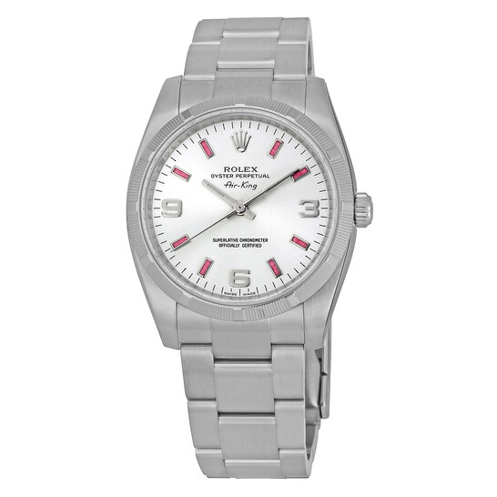 Rolex Airking Silver Arabic Pink Index Dial Engine Turned
