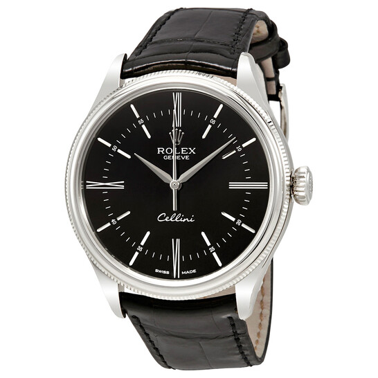 Rolex Cellini Time Black Dial Automatic Men's 18 Carat White