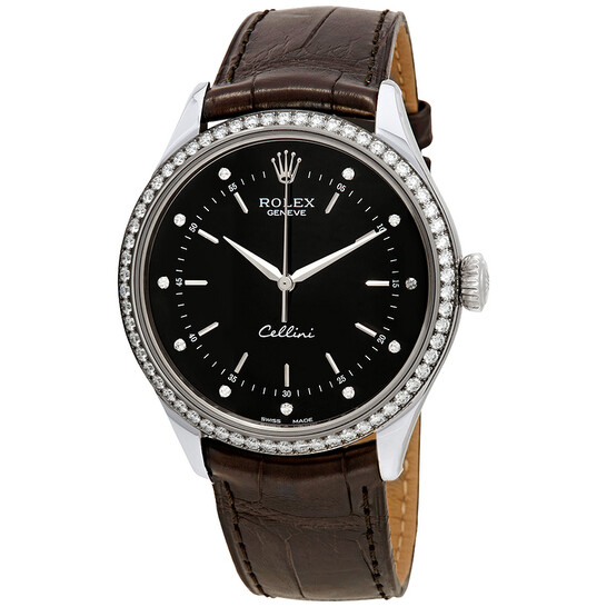 ROLEX ブラック ボストンバッグ Rolex Cellini Time Black Diamond Dial Ladies Alligator