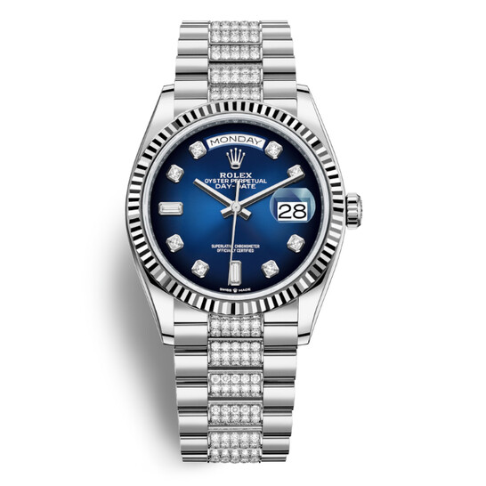 Rolex Day-Date 36 Blue Dial 18kt White Gold Diamond Set President Watch 128239BLDDP - 546x546