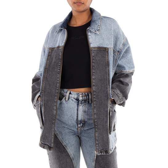 Rotate Ladies Medium Blue Denim Oversized Patchwork Jacket, Brand