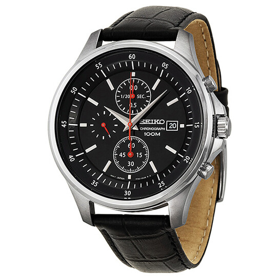 Seiko Black Dial Chronograph Stainless Steel Black Leather
