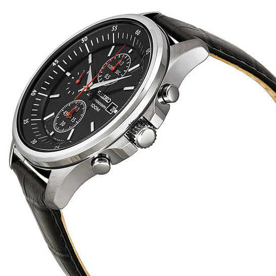 Seiko Black Dial Chronograph Stainless Steel Black Leather