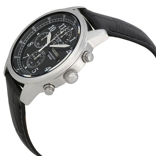 Seiko Chronograph Black Dial Black Leather Men's Watch