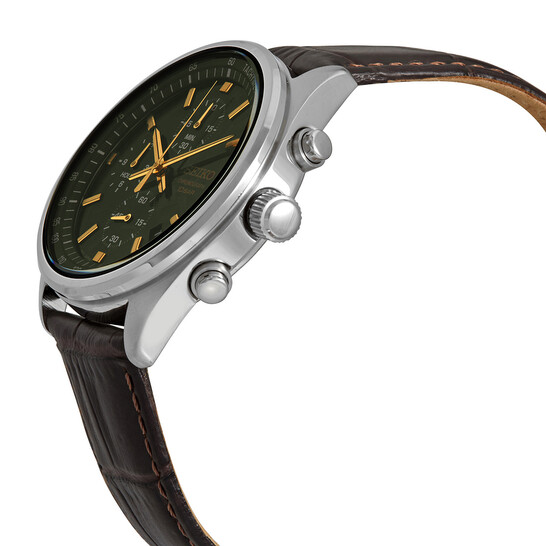 a*0様 セイコー クロノグラフ 時計 グリーンCALF Seiko SSB385 Men's Chronograph Watch, Quartz, Green Dial