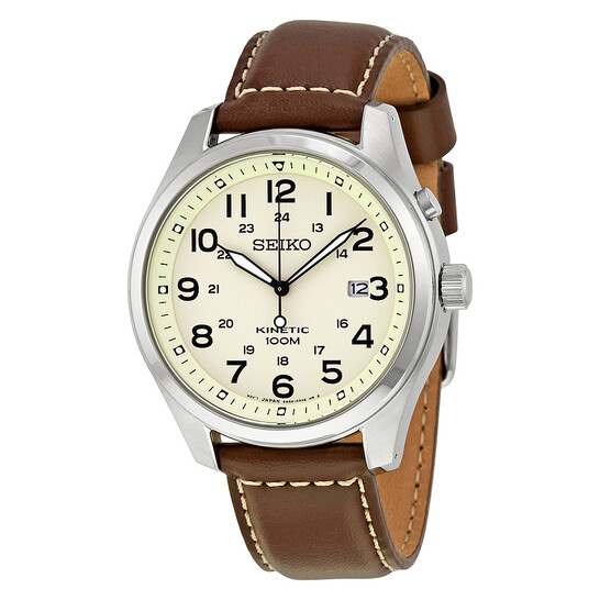 Seiko Kinetic Cream Enamel Dial Brown Leather Men's Watch