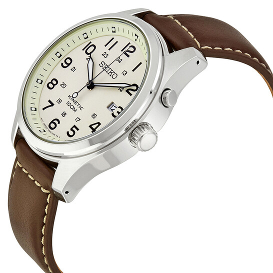 Seiko Kinetic Cream Enamel Dial Brown Leather Men's Watch