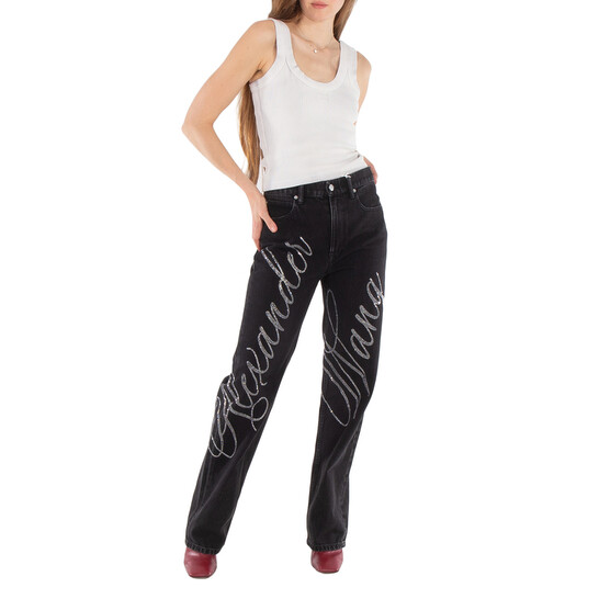 T By Alexander Wang Relaxed Hotfix Cursive Logo Jeans, Waist