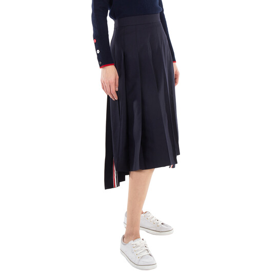 Thom Browne Ladies Navy Twill Pleated Midi Skirt, Brand Size