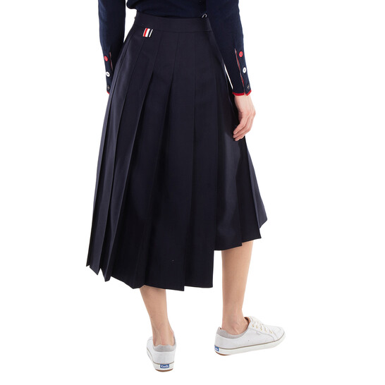 Thom Browne Ladies Navy Twill Pleated Midi Skirt, Brand Size