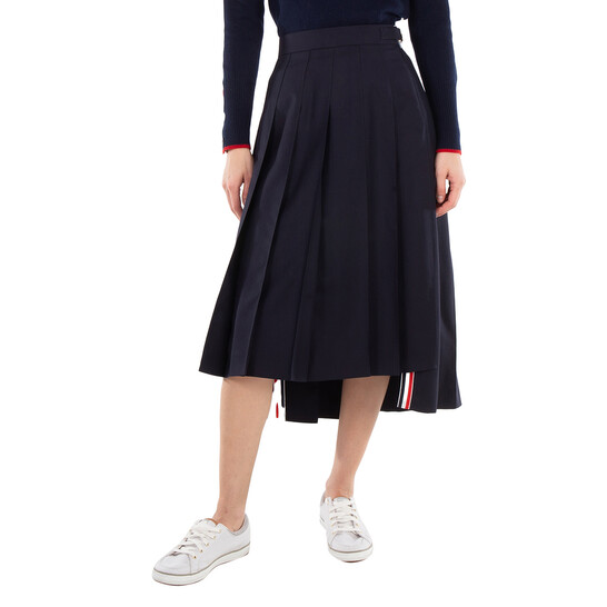 Thom Browne Ladies Navy Twill Pleated Midi Skirt, Brand Size 36