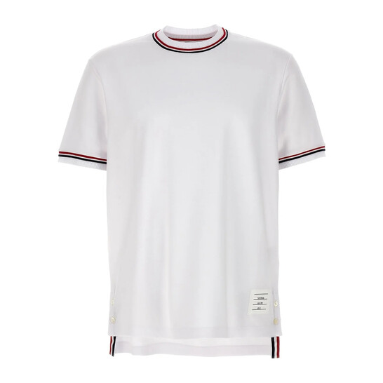 Tシャツ・カットソー THOM BROWNE TOP (MJS231AJ0055 055) Thom Browne White Cotton Milano Stripe Tee, Brand Size 5 (XX
