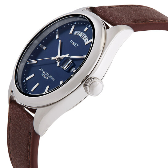 Timex Legacy Orologio Uomo Al Quarzo – Cassa Acciaio Riciclato 41mm, Cinturino In Pelle Vegana Marrone, Quadrante Blu – TW2W57200VQ