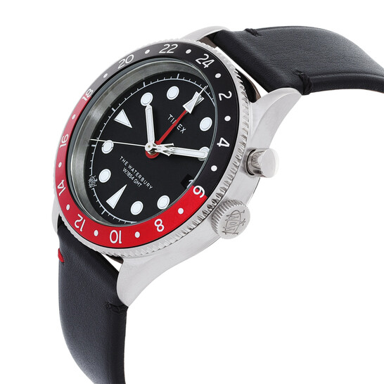 Timex Waterbury Traditional GMT ブラック/レッド Waterbury Traditional GMT 39mm Leather Strap Watch