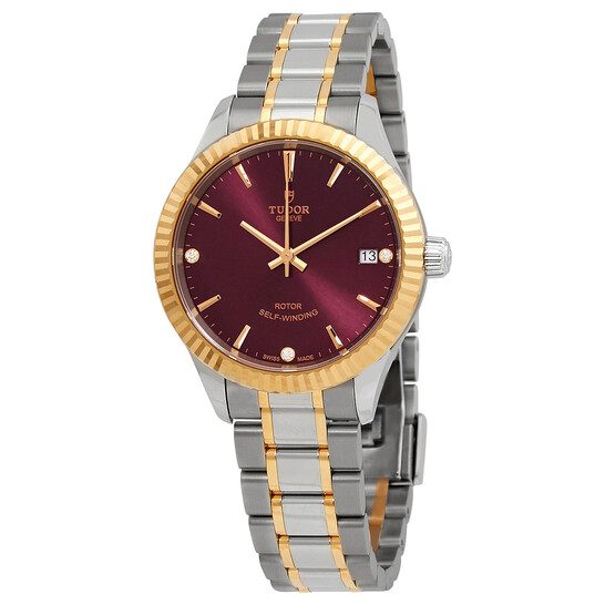 Tudor Style Automatic Diamond Burgundy Dial Ladies Watch 12313