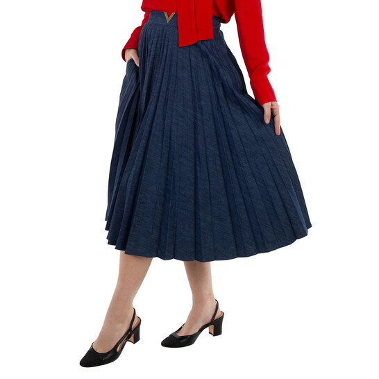 Valentino Garavani Garavani V-Logo Pleated Denim Skirt, Brand Size