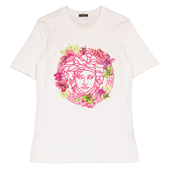 Versace Ladies Optical White Medusa Embroidered Crewneck T-Shirt