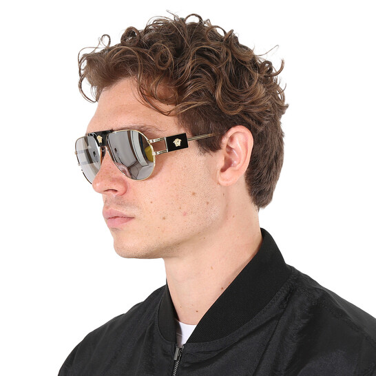 Versace Light Grey Mirror Silver Pilot Men's Sunglasses
