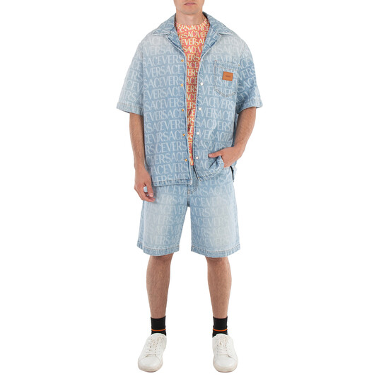 Versace Men's Light Blue Allover Denim Shorts, Waist Size 29