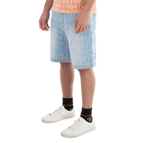 Versace Men's Light Blue Allover Denim Shorts, Waist Size 29