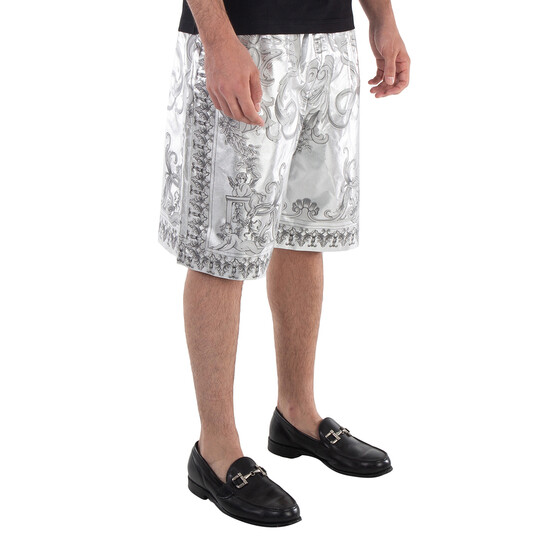 Versace Men's Silver Baroque Print Silk Twill Shorts, Brand Size