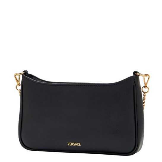 VERSACE ブラックショルダーバッグ美品 VERSACE /ヴェルサーチ】から「Vロゴアクセント フラップ ショルダー