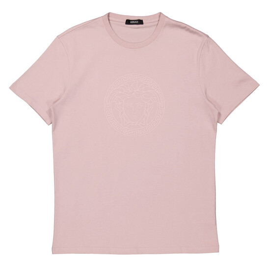 【VERSACE】Medusa Crystal Cotton T-shirt Pink Medusa embellished cotton-blend T-shirt in pink - Versace