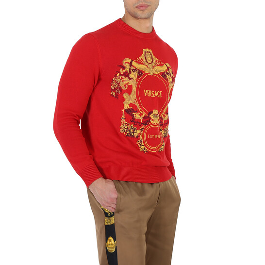 Versace Red Intarsia Knit Jacqurd Sweater, Brand Size 48 (US Size