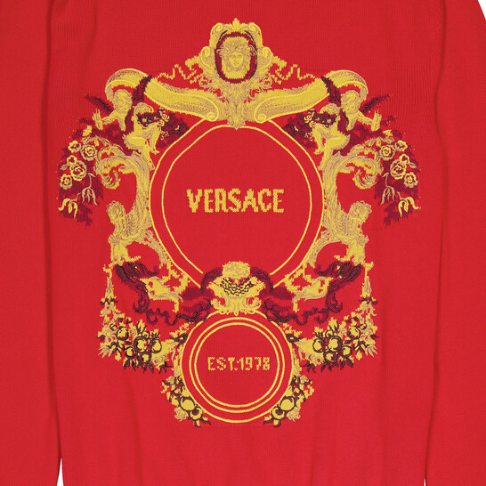Versace Red Intarsia Knit Jacqurd Sweater, Brand Size 48 (US Size
