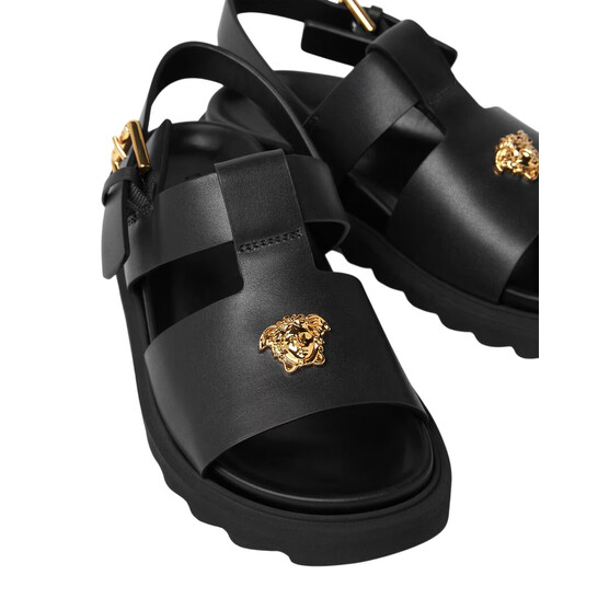 Young Versace Kids Medusa-Plaque Leather Sandals, Brand Size 30(13
