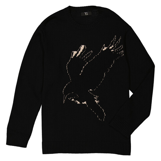 Y'S Ys Black Wool Crow Motif Long-Sleeved Pullover, Brand Size 2