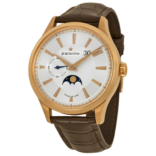 Zenith Captain Moonphase Silver Dial 18kt Rose Gold Brown Leather
