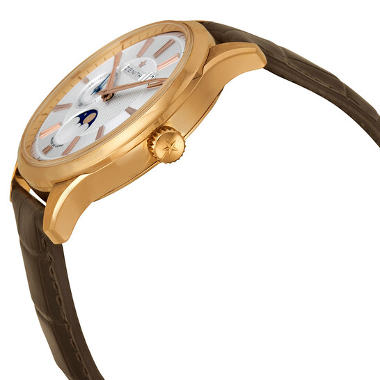 Zenith Captain Moonphase Silver Dial 18kt Rose Gold Brown Leather