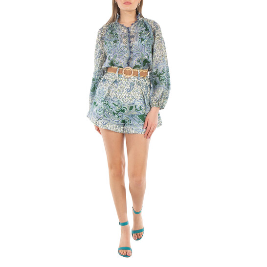 Zimmermann Ottie Paisley Print Belted Linen Shorts, Size XX