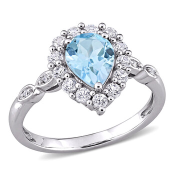 10k White Gold 0.02 CT TDW Diamond and 2 CT TGW Sky Blue Topaz and Created White Sapphire Halo Ring 10k White Gold 0.02 CT TDW Diamond and 2 CT TGW Sky Blue Topaz and Created White Sapphire Halo Ring