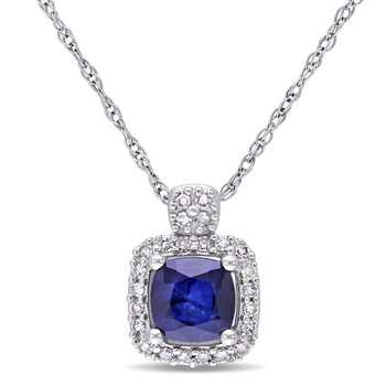 1/10 CT TW Halo Diamond and Cushion Cut Diffused Sapphire Pendant with Chain In 10K White Gold JMS008083 1/10 CT TW Halo Diamond and Cushion Cut Diffused Sapphire Pendant with Chain In 10K White Gold JMS008083