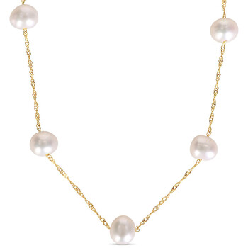 Cultured Freshwater Pearl Tin Cup Necklace With 10K Yellow Gold Rope Chain And Clasp JMS003529 Cultured Freshwater Pearl Tin Cup Necklace With 10K Yellow Gold Rope Chain And Clasp JMS003529