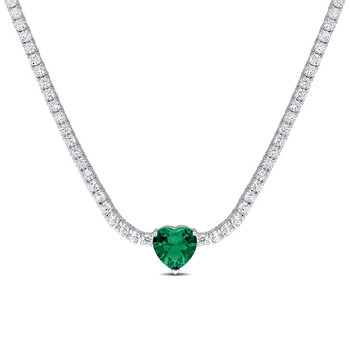 18 CT TGW Heart Shaped Green Cubic Zirconia and Created White Sapphire Tennis Necklace In Sterling Silver