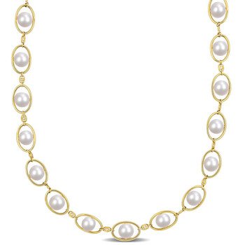 8-8.5mm Cultured Freshwater Pearl and 1/3 CT TGW Cubic Zirconia Halo Necklace In Yellow Plated Sterling Silver JMS008552 8-8.5mm Cultured Freshwater Pearl and 1/3 CT TGW Cubic Zirconia Halo Necklace In Yellow Plated Sterling Silver JMS008552