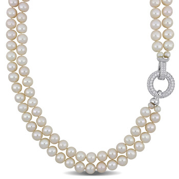 7-8mm Freshwater Cultured Pearl 2-Strand Necklace with Cubic Zirconia Clasp In Sterling Silver, 16 & 17 In JMS009624