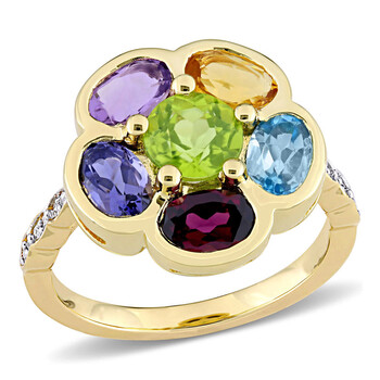 3 3/8 CT TGW Rhodolite Citrine Swiss- Blue Topaz Amethyst Iolite Peridot and Diamond Accent Floral Ring in Yellow Plated Sterling Silver JMS008415