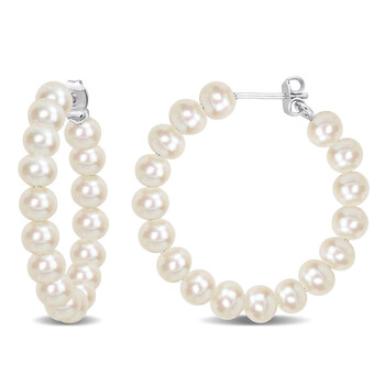 5-5.5mm Freshwater Cultured Pearl Hoop Earrings In Sterling Silver JMS009565