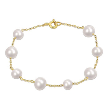 6.5-8.5 Mm Cultured Freshwater Pearl Station Bracelet In Yellow Plated Sterling Silver JMS009490