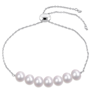 7.5-8mm Freshwater Cultured Pearl Adjustable Bolo Bracelet In Sterling Silver