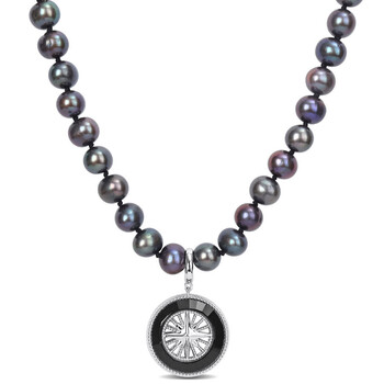 7-7.5mm Black Cultured Freshwater Pearl and 8 CT TGW Black Agate Men's Necklace with Large Lobster Clasp in Sterling Silver 7-7.5mm Black Cultured Freshwater Pearl and 8 CT TGW Black Agate Men's Necklace with Large Lobster Clasp in Sterling Silver